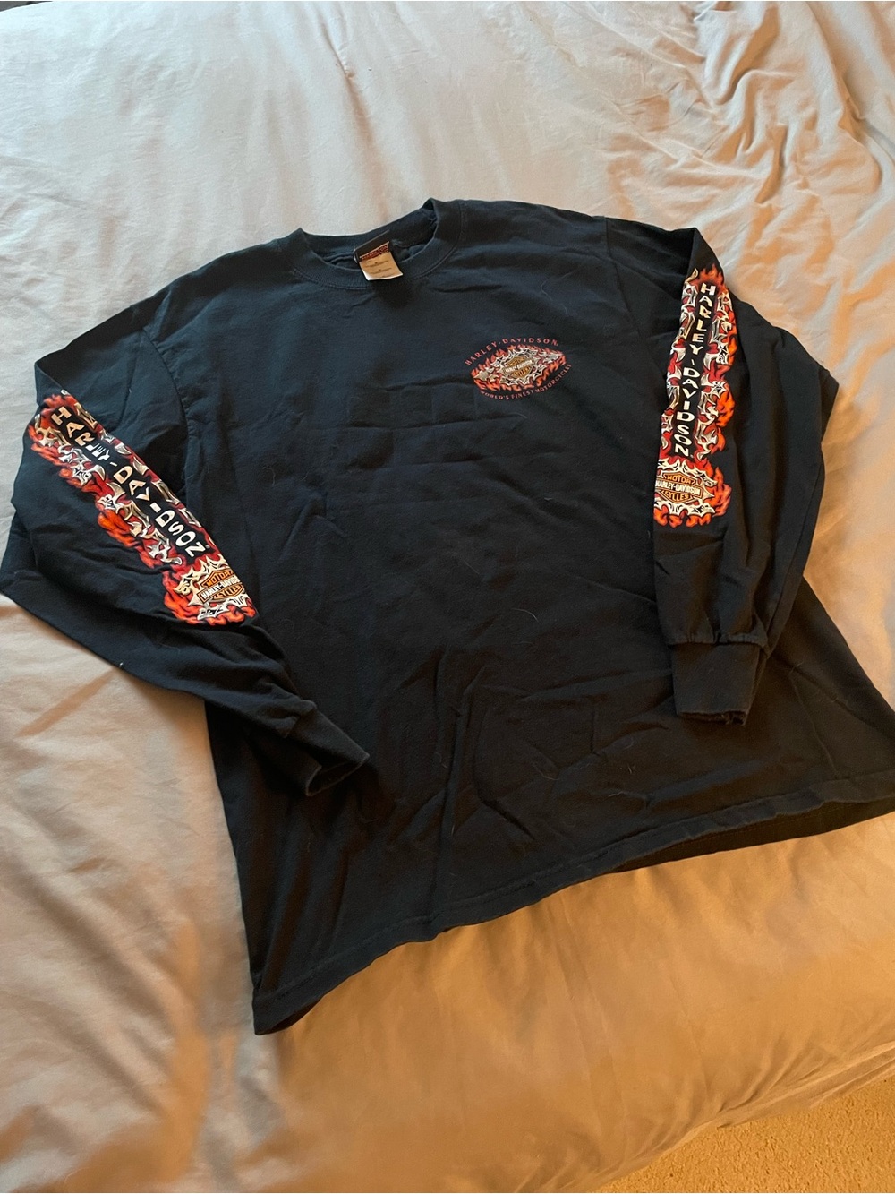 Harley-Davidson Black Tee with Red-Orange Flame Sleeve Graphics